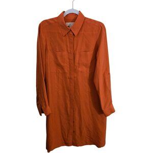 Michael Michael Kors Silk Orange Long Roll Tab Sleeve Shirt Midi Dress Size M